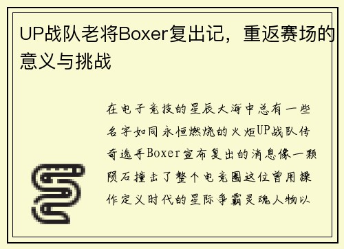 UP战队老将Boxer复出记，重返赛场的意义与挑战